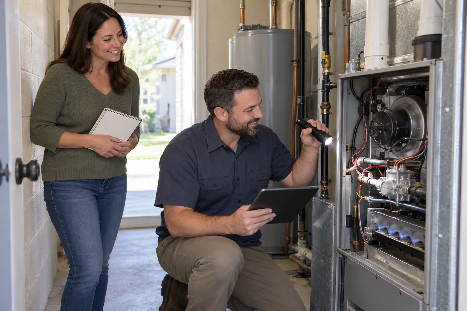 Friendly local provider checking a home furnace with a homeowner in the Delray Beach area