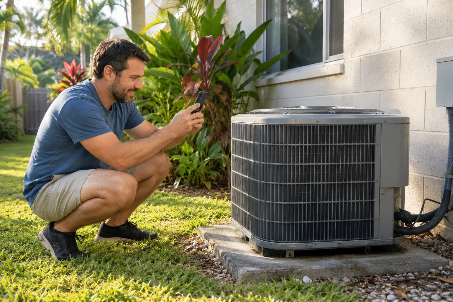 Homeowner taking photos of an outdoor AC unit for an estimate in the Delray Beach area